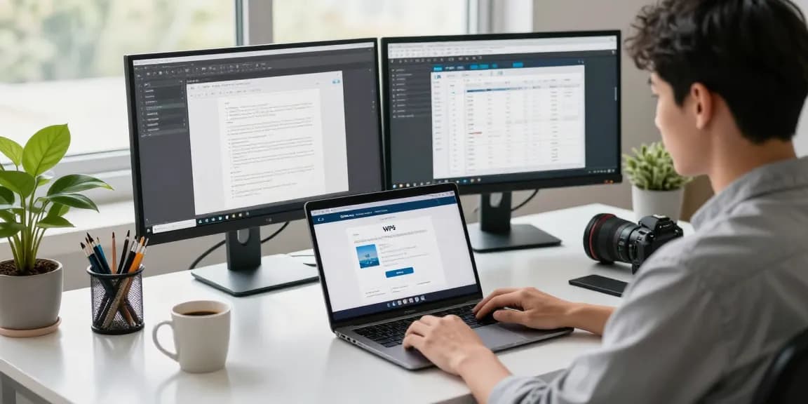 WPS Download page displayed on a laptop in modern workspace, showing productivity tools.