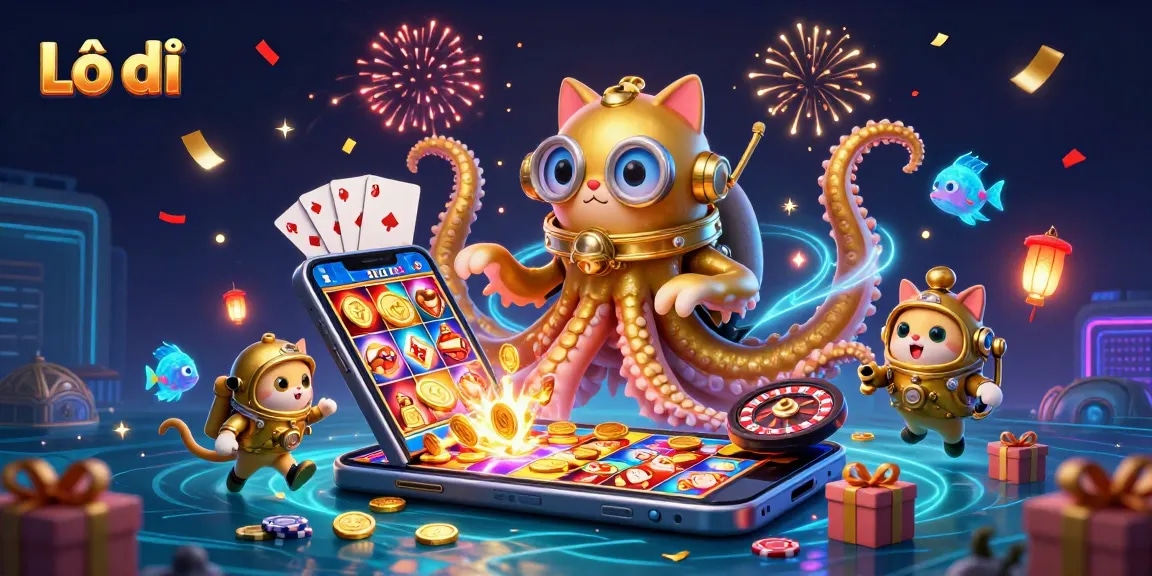 Play Lô đề with thrilling visuals of a kraken and diving cat amid vibrant casino elements.