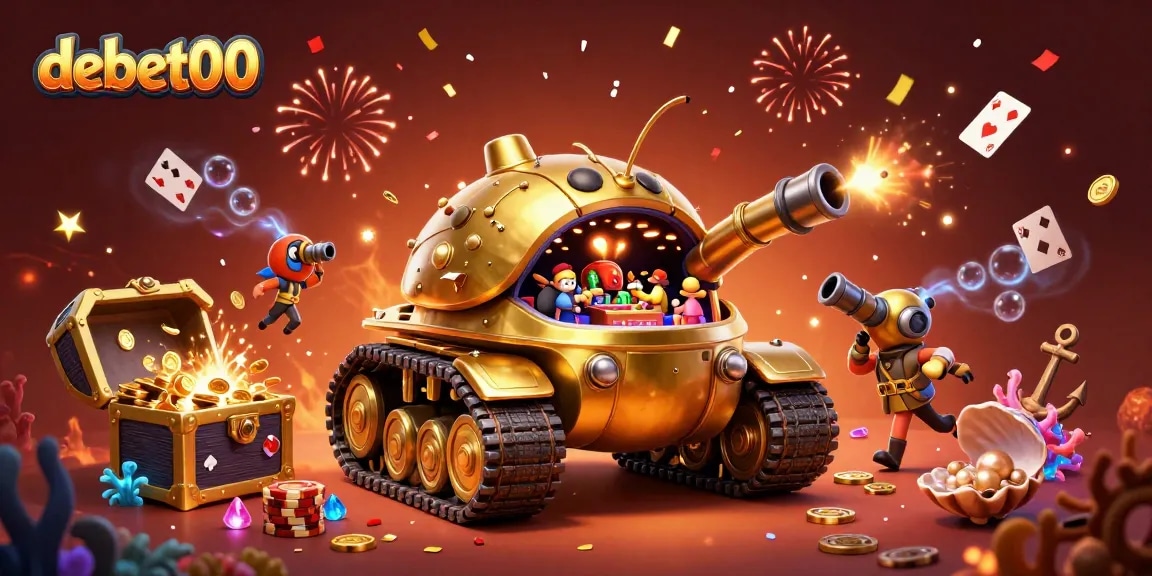 Experience the excitement at debet00 with a vibrant casino-themed illustration featuring a golden beetle tank.