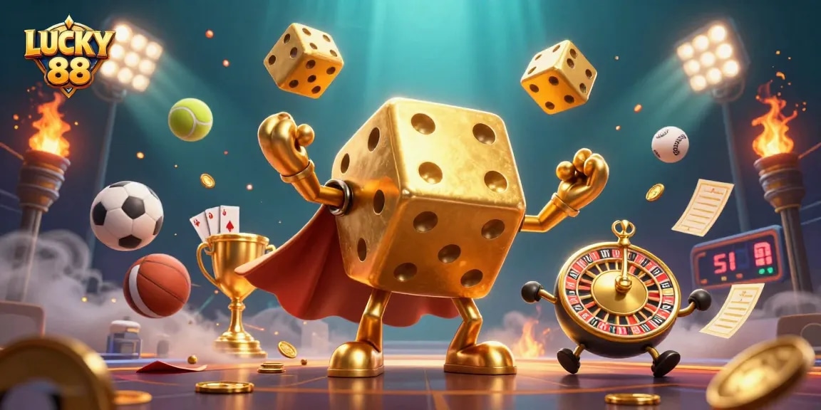Engage with the excitement of LUCKY 88 as golden dice and sports elements create an energetic casino scene.