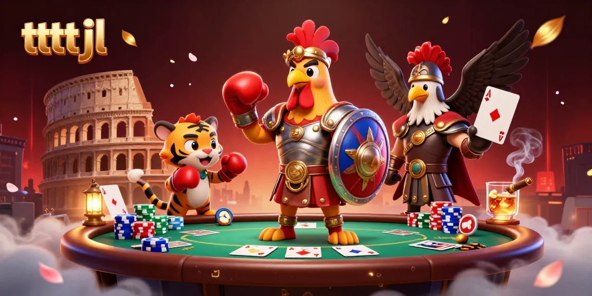 Experience thrilling poker action with tttjl's 3D gladiator rooster and dynamic game elements, including colorful chips and cards.