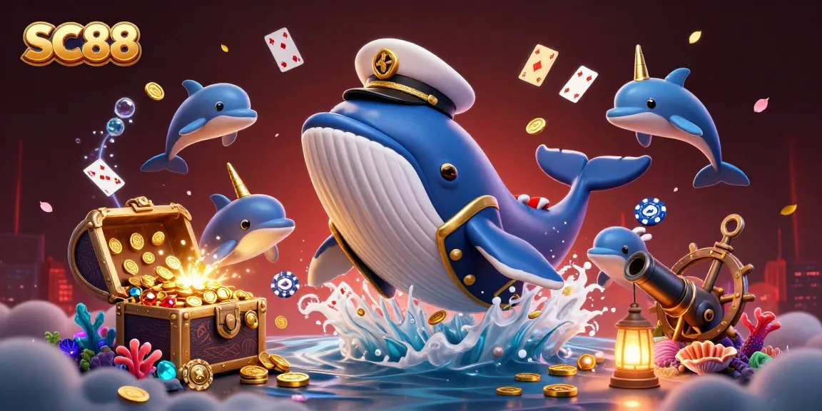 Engage with SC88’s thrilling gaming scene featuring a whale captain amid treasure and playful dolphins.
