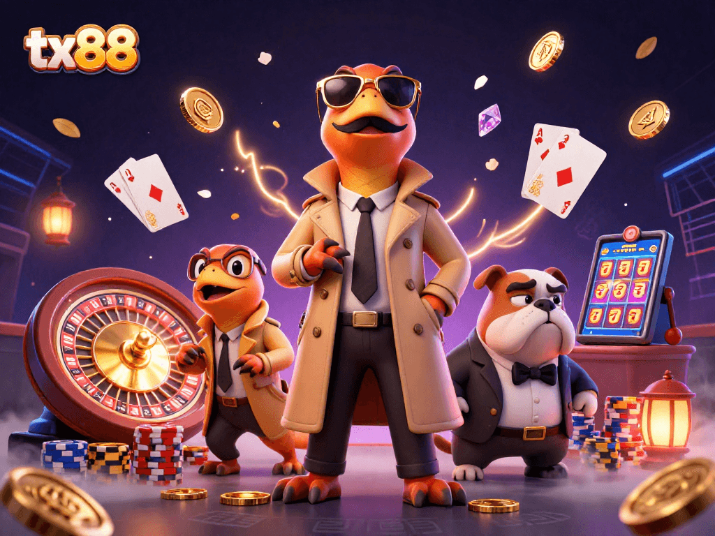 Experience the excitement of tx88 as raptors hilariously attempt entry into a VIP lounge, surrounded by casino elements.