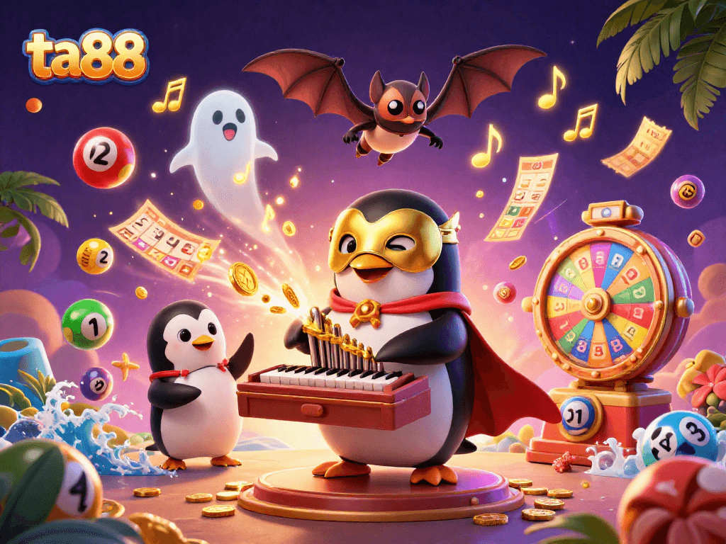 Win big at ta88 with a 3D cartoon penguin playing a golden organ surrounded by vibrant casino elements.