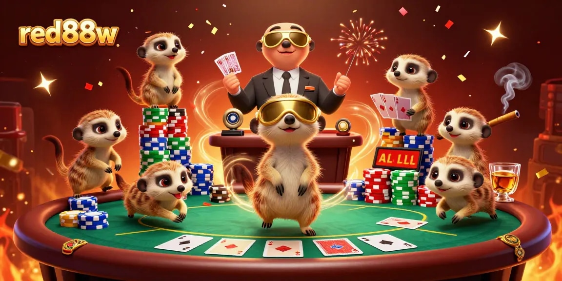 Experience the excitement of red88w with playful meerkats operating a vibrant casino.