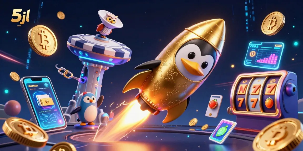 5jl immersive scene showcasing a golden penguin navigating a vibrant casino cosmos filled with crypto elements