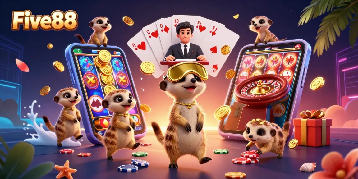 Five88's meerkat casino features colorful slot games with coins, cards, and vibrant decorations.