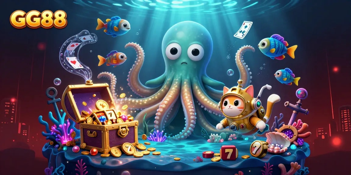 Experience the excitement of GG88 with a vibrant underwater casino scene filled with treasures and bioluminescent elements.