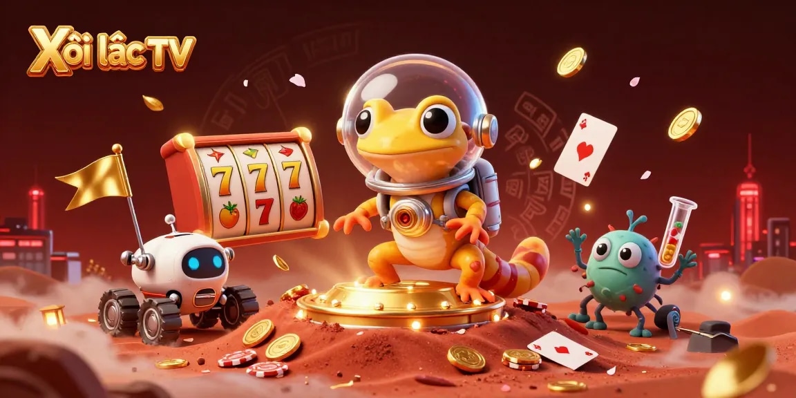 Xôi lạc TV brings the excitement of interactive gaming, showcasing a lively casino scene with vibrant characters and dynamic elements.