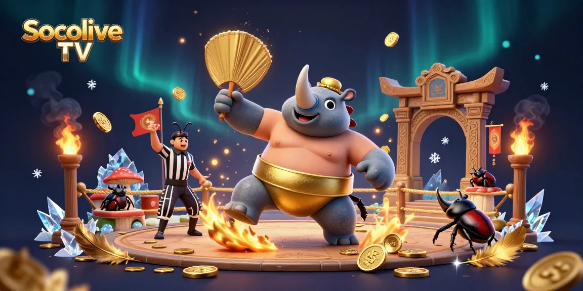 Socolive TV features a dynamic scene with a sumo champion beetle and golden coins flying, portraying an engaging gambling atmosphere.