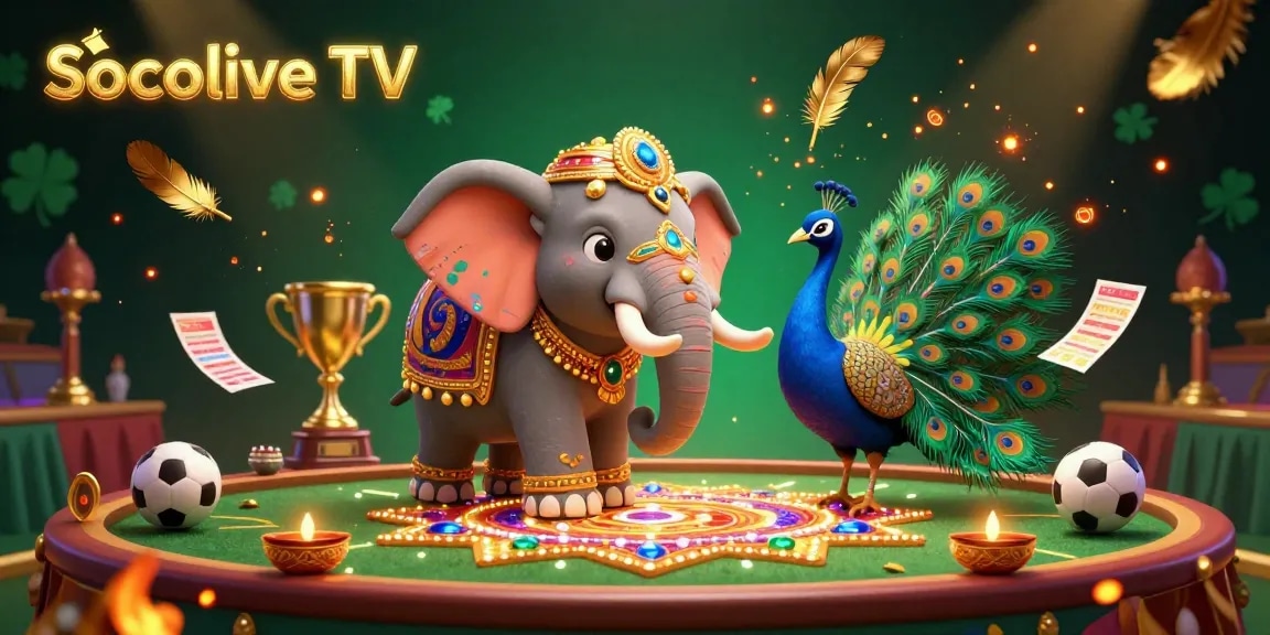 Socolive TV brings vibrant gambling energy with an elephant and peacock in a lively betting scene.