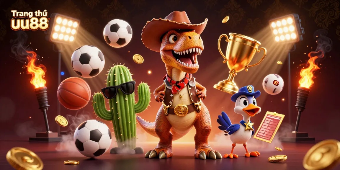 Engage with Trang chủ uu88’s dynamic casino scene featuring a T-Rex cowboy, cactus sidekick, and roadrunner, surrounded by sports betting elements.