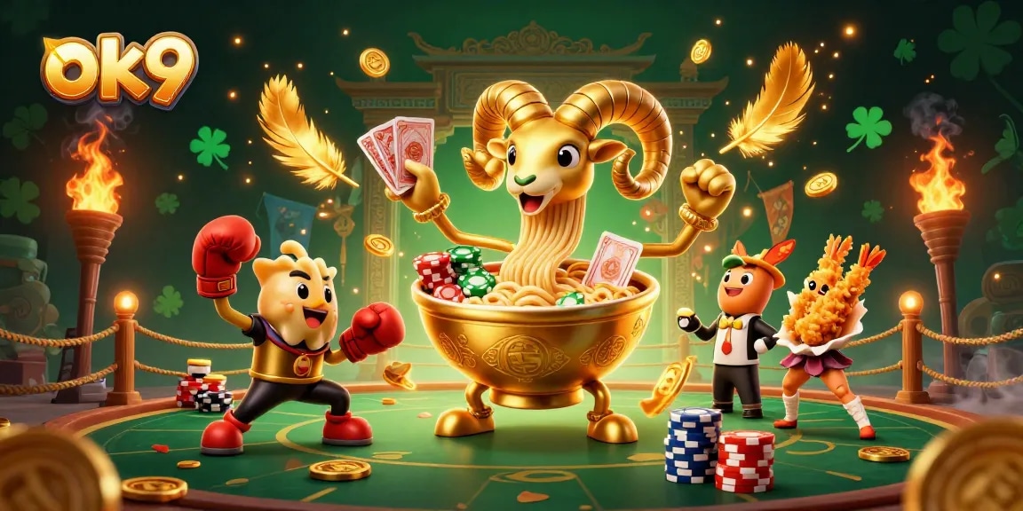 Experience thrilling betting with ok9 as a giant golden ramen bowl and friends deal cards amidst a dynamic casino scene.