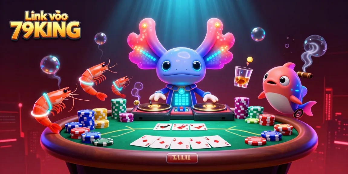 Experience thrilling gaming action with Link vào 79KING in this vibrant casino scene featuring an entertaining axolotl DJ.