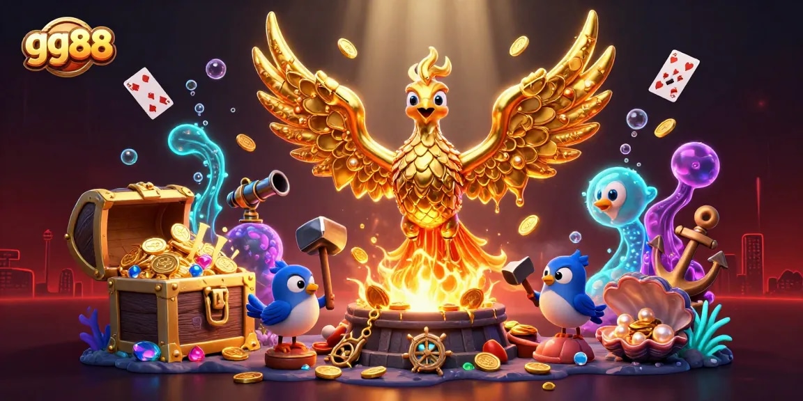 Discover exciting gaming action at gg88, with vibrant phoenix and lavish treasures illuminating a dynamic casino scene.