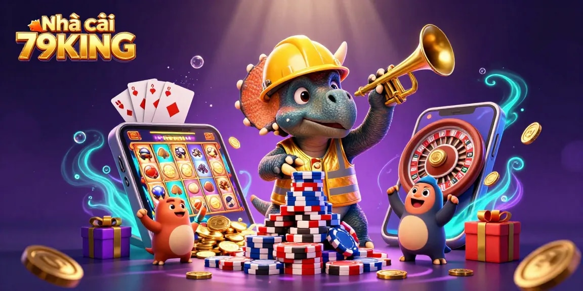 Experience the thrill of Nhà cái 79KING with a dynamic cartoon casino scene featuring a triceratops and amazing games.