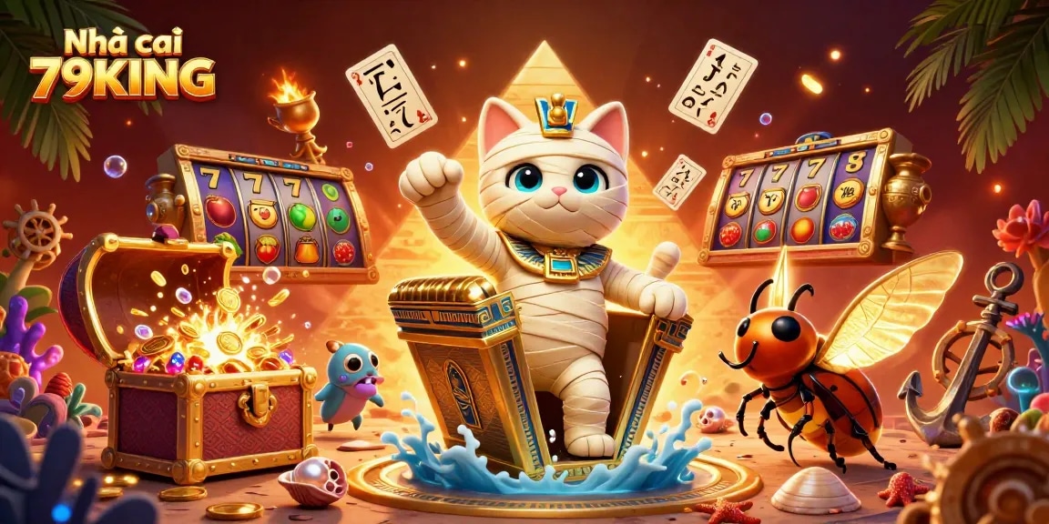Play slots at Nhà cái 79KING featuring a cat mummy, golden treasures, and vibrant casino elements.