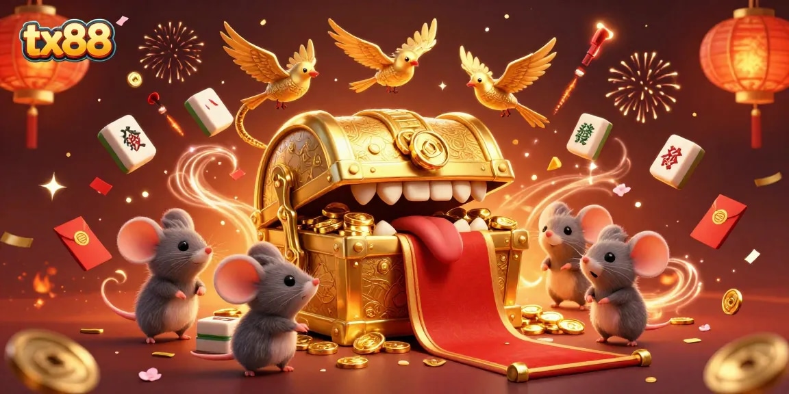 Engage with tx88 in a vibrant, celebratory 3D casino scene filled with treasures and game elements.