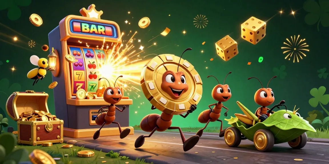 Ants carrying large poker chips and celebrating with jackpot slots at Oxbett casino.