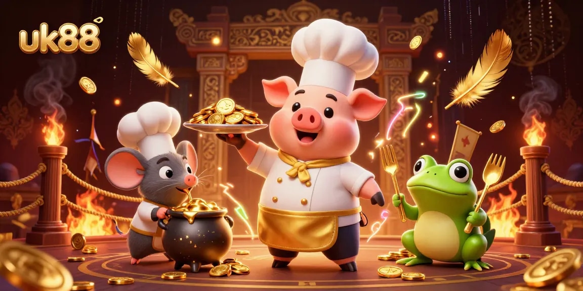 Experience the vibrant excitement of uk88 with a chef pig serving gold coins in a casino scene.