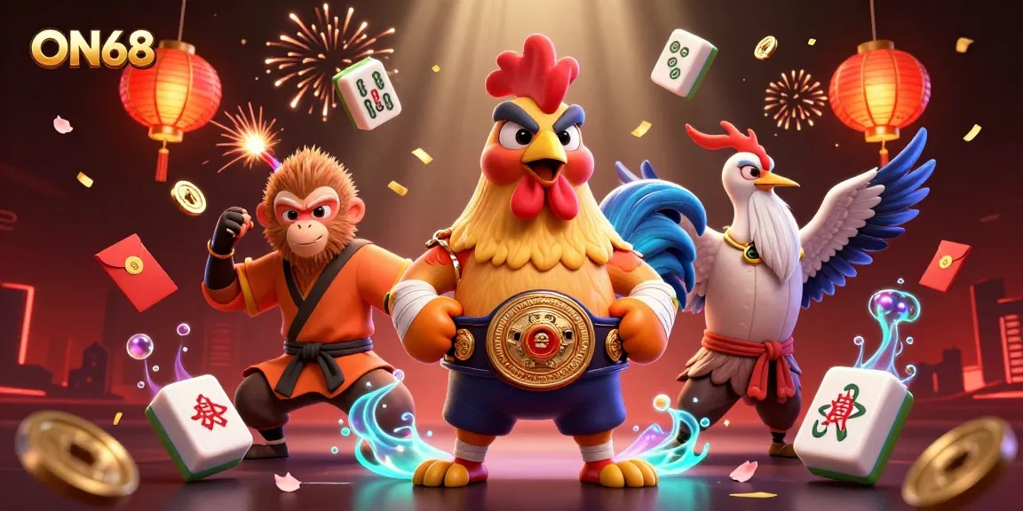 Experience thrilling gaming action at ON68 with an epic scene featuring the courageous Muay Thai rooster and Shaolin monkey amidst festive gambling elements.