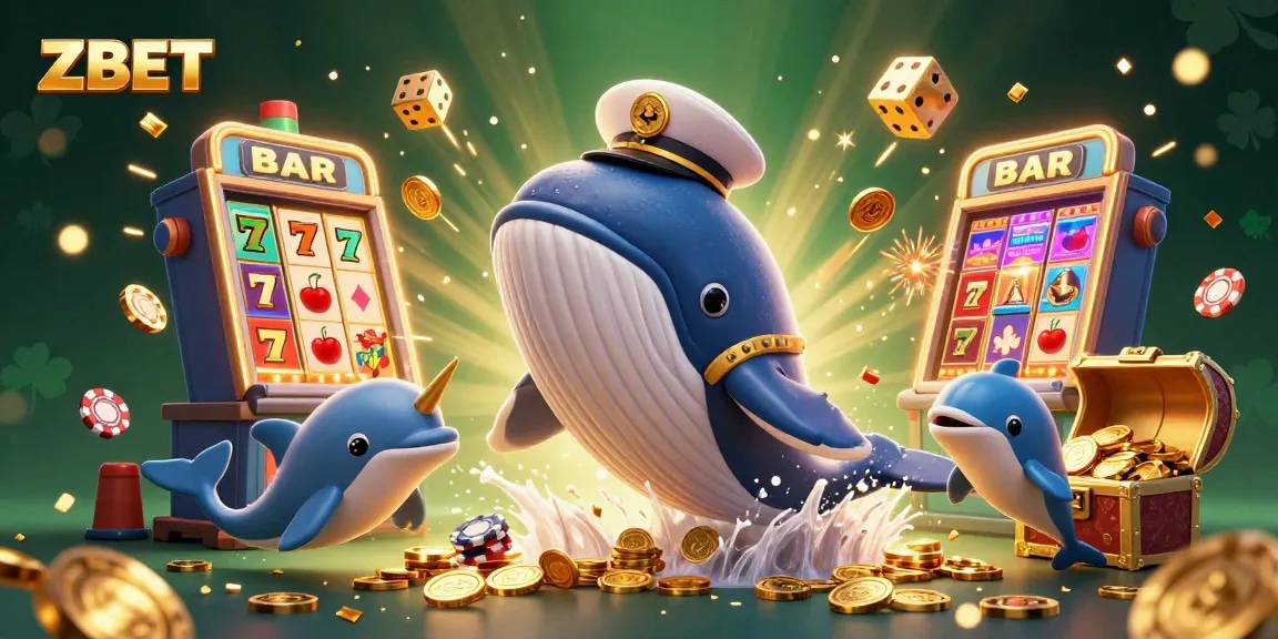ZBET invites players to enjoy thrilling games with a whimsical whale, vibrant poker chips, and magical gold coins.