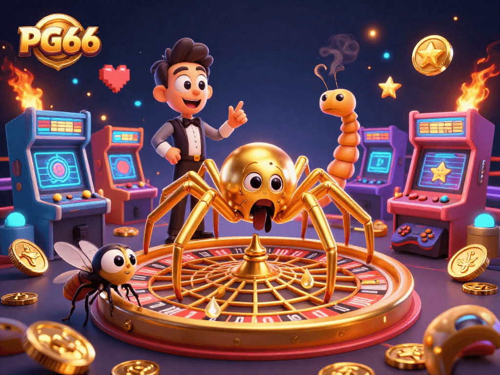Experience thrilling bets at PG66 with a golden roulette web, vibrant arcade elements, and a lively casino scene.