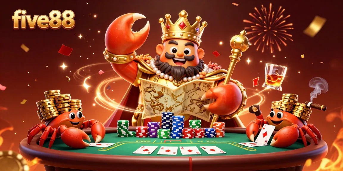 Experience five88 with an exciting golden crab emperor surrounded by poker elements and vibrant confetti.