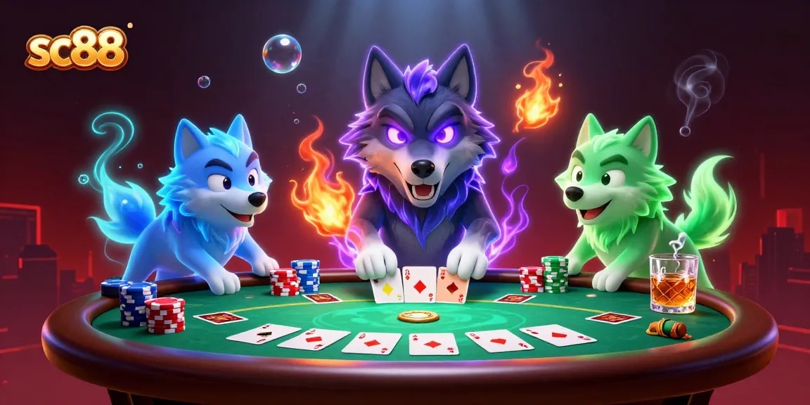 Join the sc88 experience with an engaging poker scene featuring ghostly wolves and vibrant casino elements.