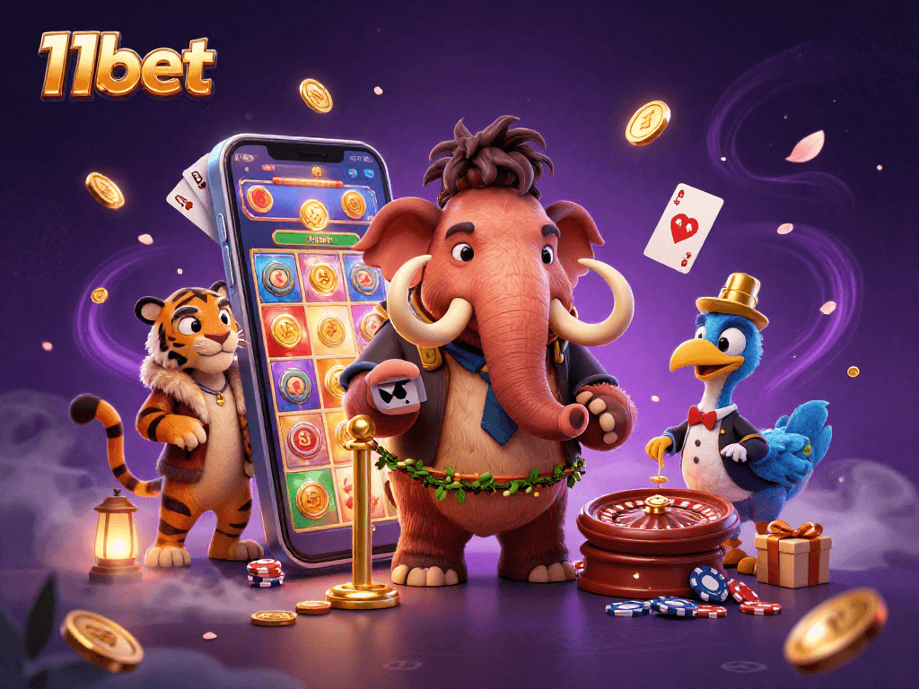 11bet featuring vibrant elements of casino gaming, with a woolly mammoth bouncer and saber-tooth VIP.