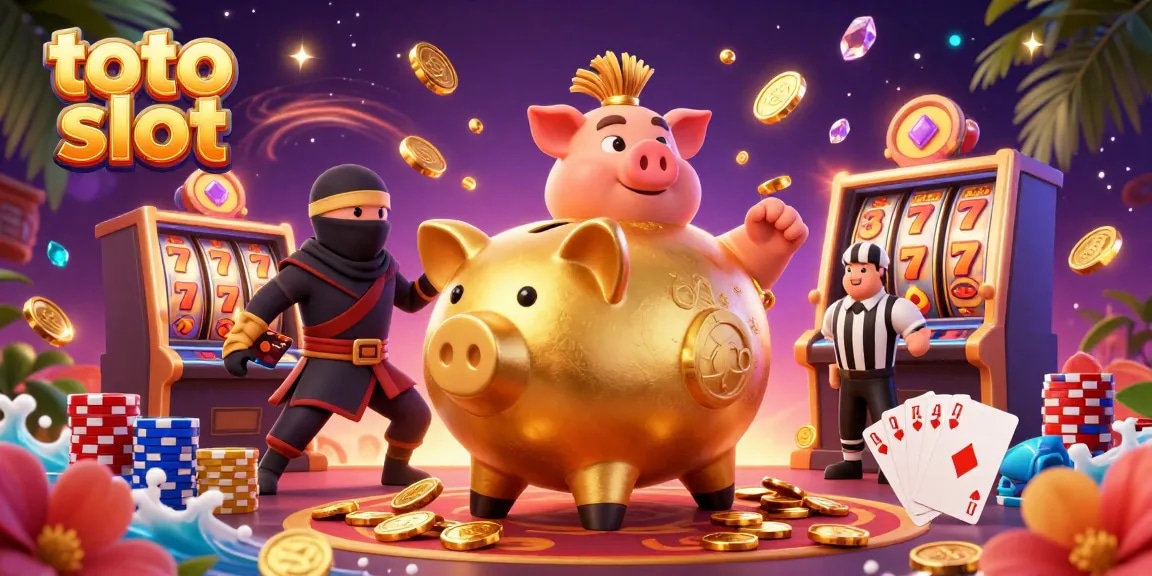 Engage in thrilling toto slot action surrounded by vibrant casino elements including coins and lucky sevens.