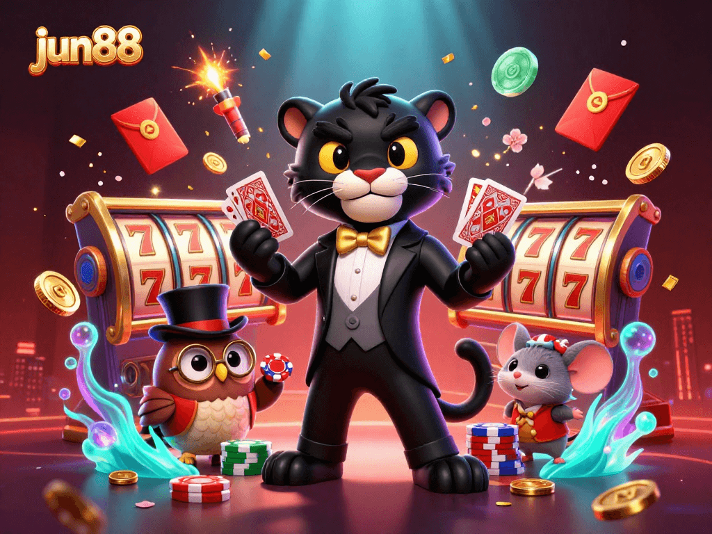 Experience the thrill of jun88 with our lively casino scene featuring a stylish panther dealer surrounded by lucky characters and vibrant elements.