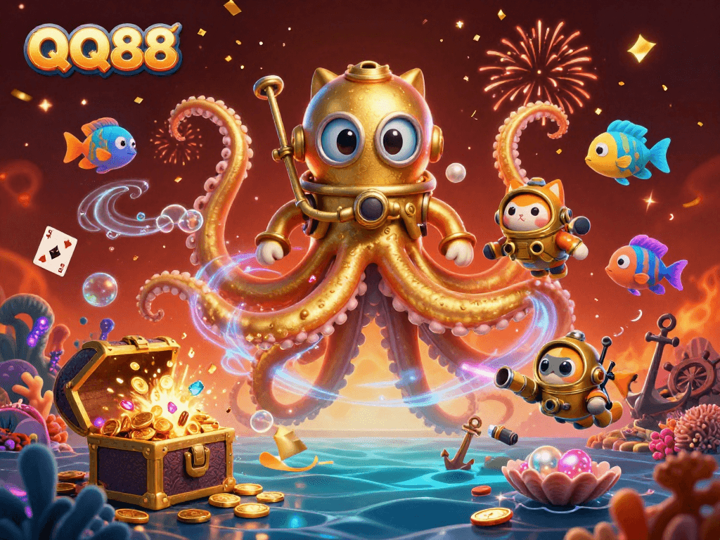 Join QQ88's thrilling ocean adventure with a kraken and diving cat amid treasure and games.
