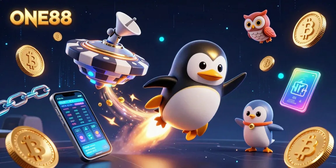 Engage with ONE88 through an adventurous golden penguin in a dazzling digital casino universe.