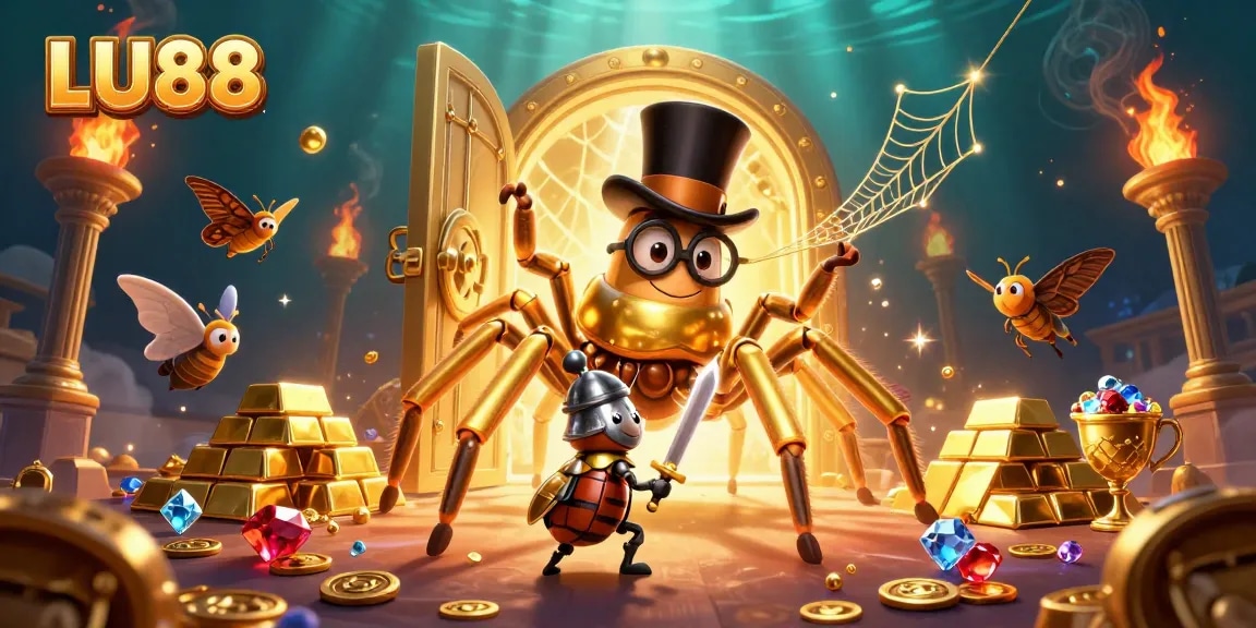 Engage with LU88's vibrant casino environment featuring a golden tarantula and beetle knight.