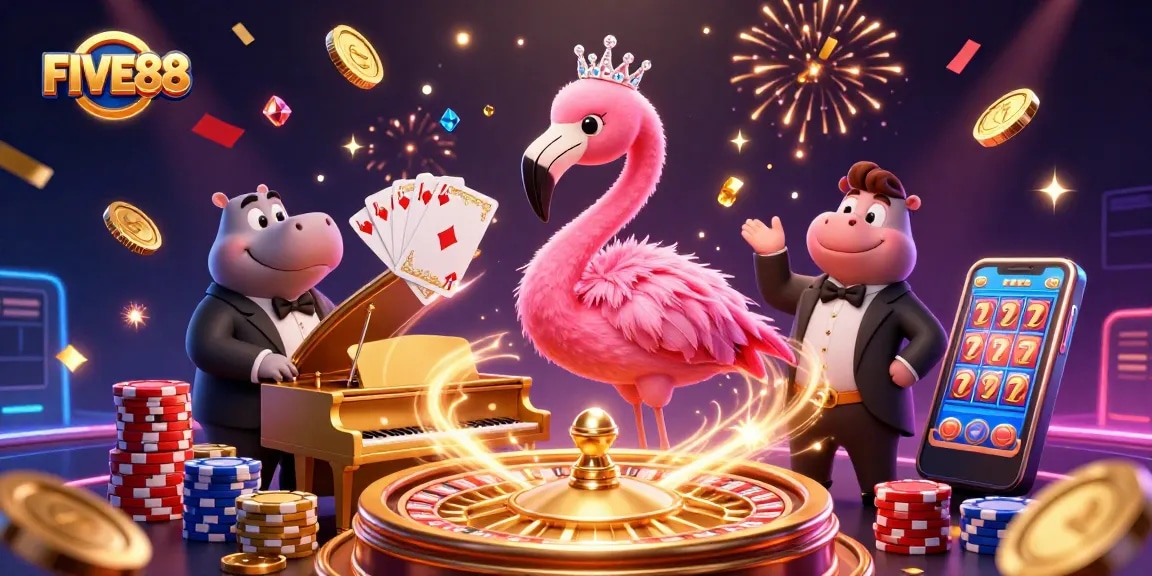 Experience excitement with FIVE88 in this vibrant casino scene featuring dynamic characters and elements.