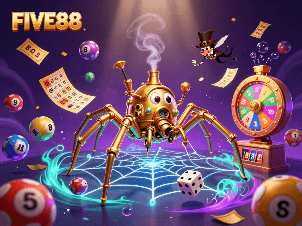 Experience the thrill of FIVE88 with a steampunk spider and colorful lottery action.