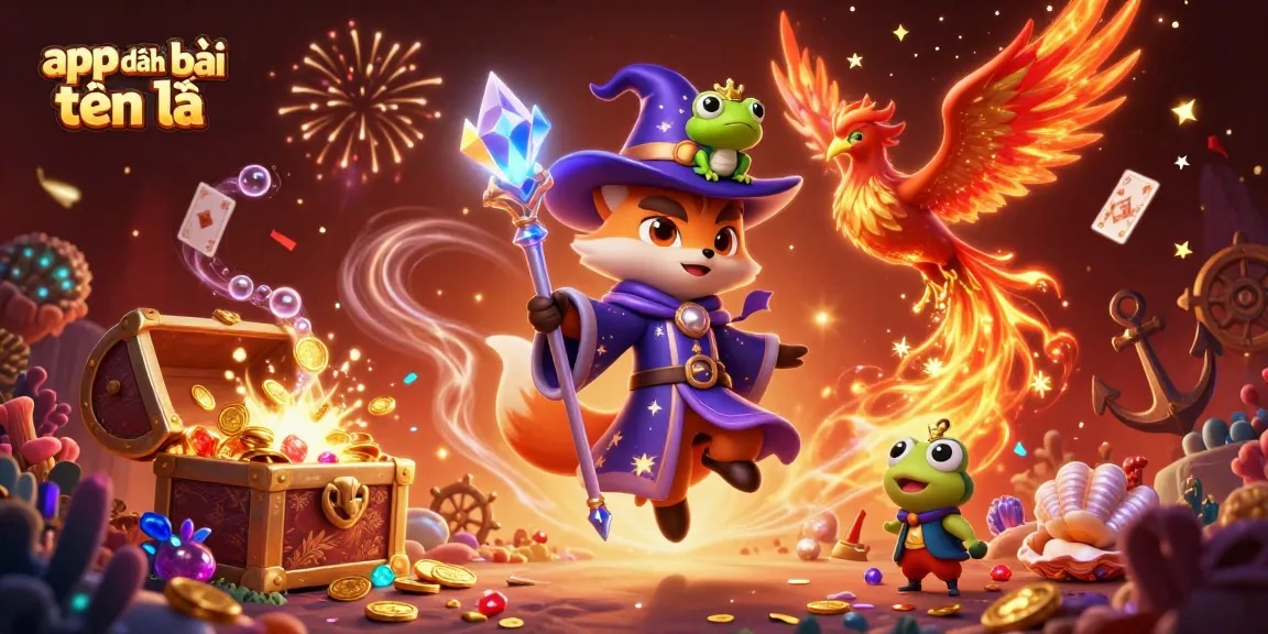 Engage with the app đánh bài tiến lên, witnessing a magical fox wizard and phoenix in a vibrant casino-themed scene.
