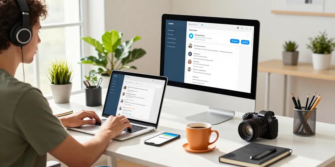 Download Telegram from a modern workspace with devices showing chat notifications.