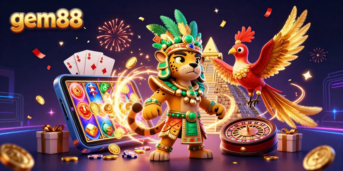 Experience thrilling gameplay at gem88 with a lively 3D casino scene featuring vibrant characters and action.