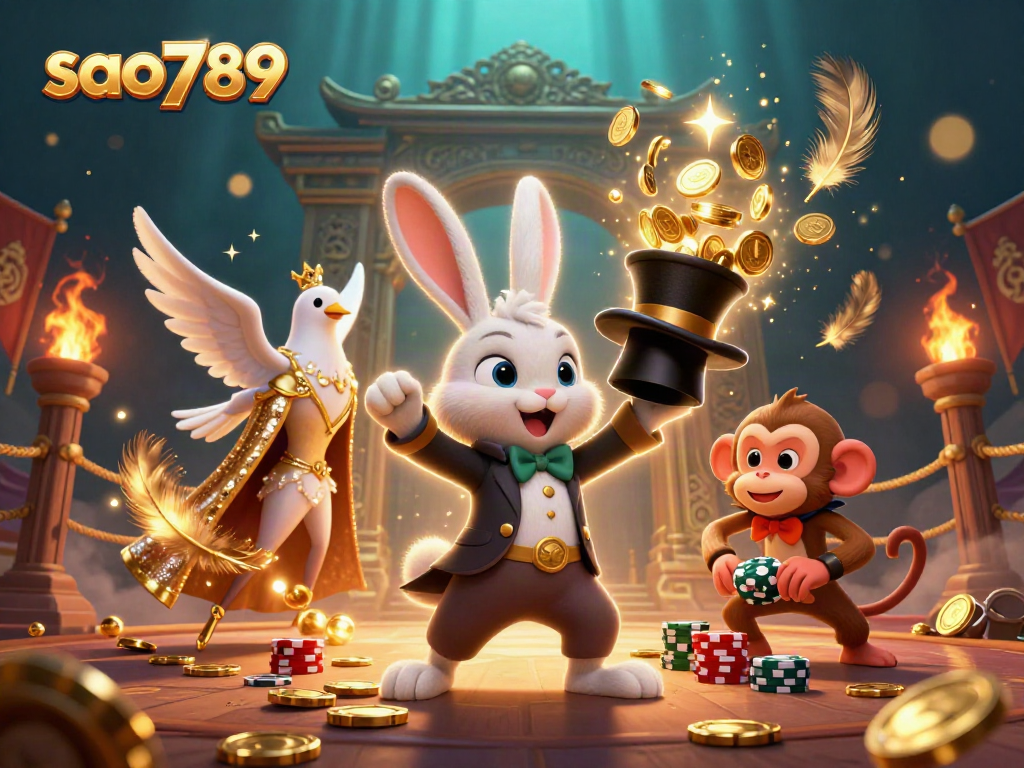 Experience thrilling gaming with sao789 featuring a magician rabbit, a dove, and a playful monkey amidst dazzling coins.