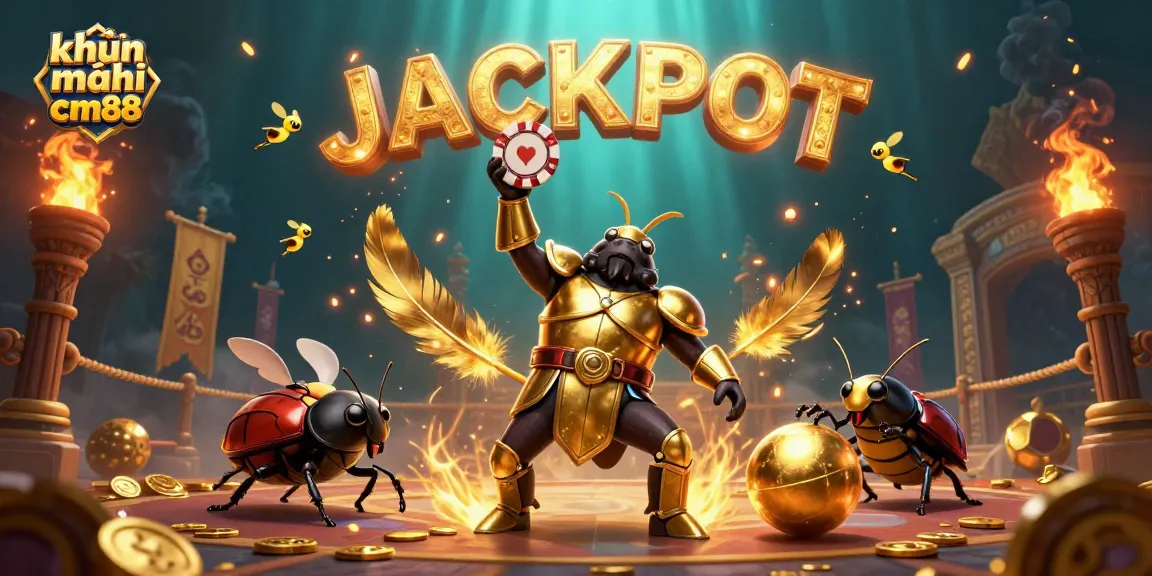 Engage in thrilling khuyến mãi cm88 promotions with a triumphant gladiator beetle lifting a poker chip.