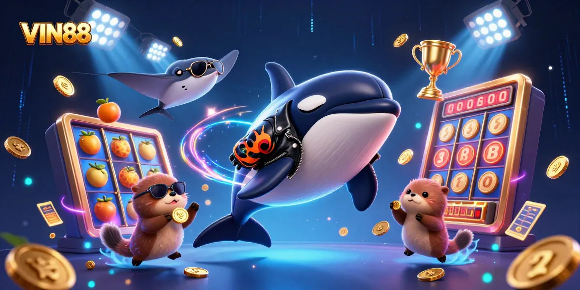 VIN88 showcases an exciting 3D casino scene with vibrant characters and slots, capturing winning moments.