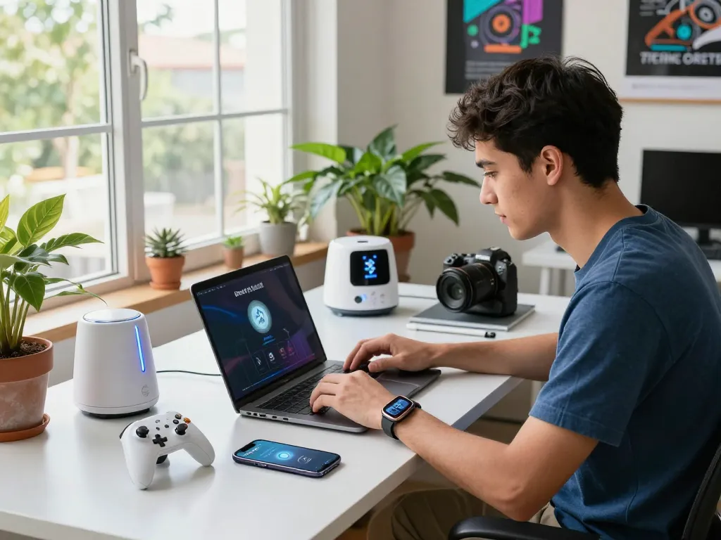 Exploring innovative tech gadgets in a modern workspace with Bluetooth devices and productivity tools.