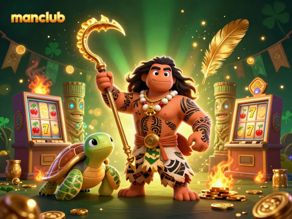 Experience vibrant slot action with manclub's Polynesian demigod, cartoon characters, and thrilling game elements.