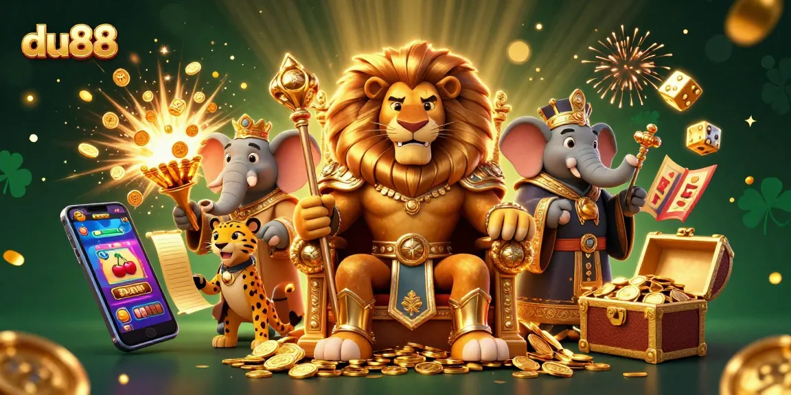 Experience du88's thrilling jackpot scene with a 3D lion king, elephant advisor, and cheetah messenger.