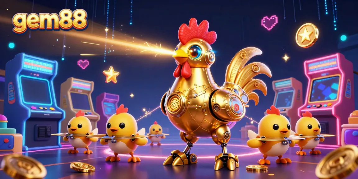 Engage with gem88's thrilling casino adventure featuring a golden rooster robot and baby chick drones
