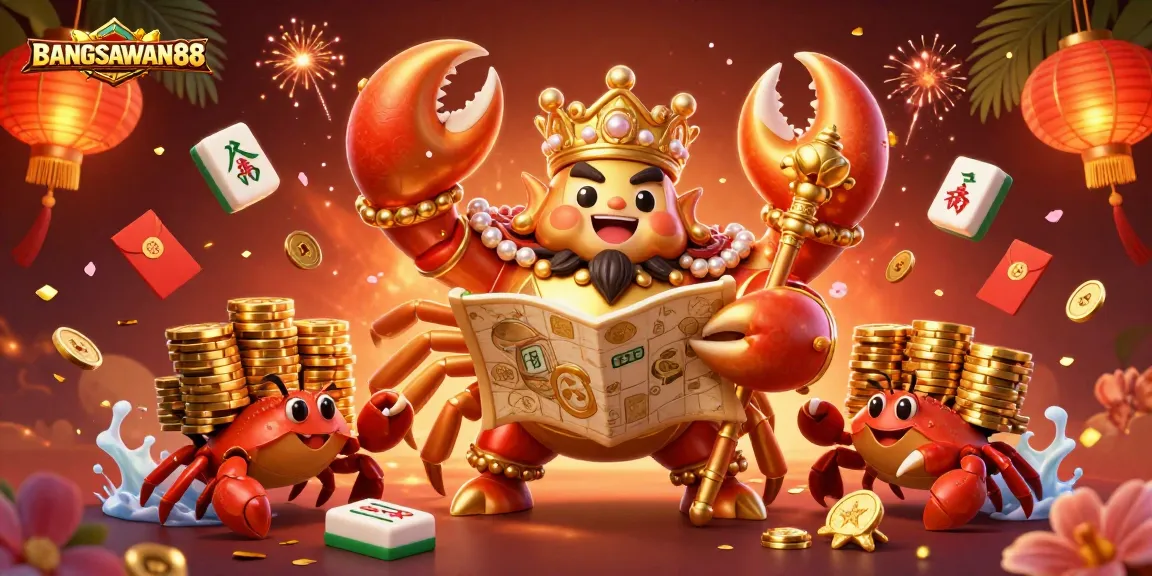 BANGSAWAN88 engages players with a vibrant 3D illustration of a golden crab emperor among casino-themed elements.