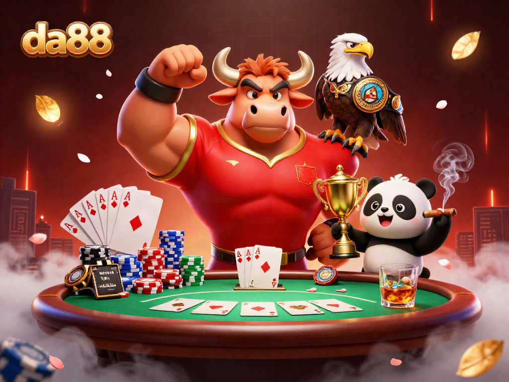 Experience excitement with da88 as a bull mascot, eagle, and panda celebrate at a poker table.