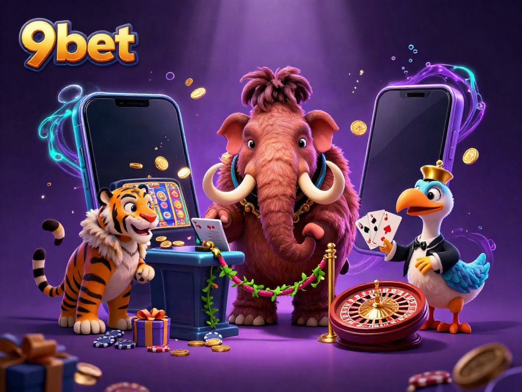 Experience the excitement of 9bet in this vibrant illustration featuring a woolly mammoth bouncer and saber-tooth VIP.